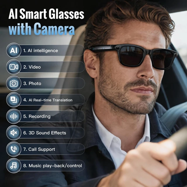 Alt view image 2 of 7 - AI Smart Glasses with 8MP Camera, Real-Time Translation, AI Assistant Object Recognition, Open-Ear Speakers, Bluetooth Calling, 3 Swap Lenses for Any Light