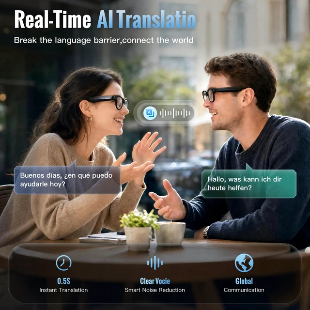 Alt view image 5 of 7 - AI Smart Glasses with 8MP Camera, Real-Time Translation, AI Assistant Object Recognition, Open-Ear Speakers, Bluetooth Calling, 3 Swap Lenses for Any Light