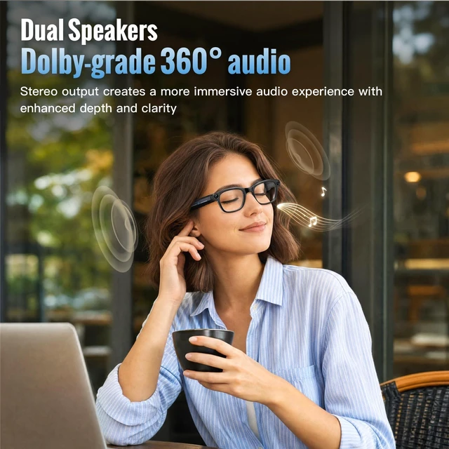 Alt view image 4 of 7 - AI Smart Glasses with 8MP Camera, Real-Time Translation, AI Assistant Object Recognition, Open-Ear Speakers, Bluetooth Calling, 3 Swap Lenses for Any Light