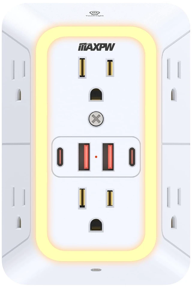 Main image of Outlet Extender, Surge Protector, 3-Sided Night Light Power Strip,ETL 6 AC Outlets, 4 USB (2 USB-C), Dusk to Dawn Sensor, Wide Spaced Multi Plug Outlet, 1050J, 1875W, for Home Office Dorm, White
