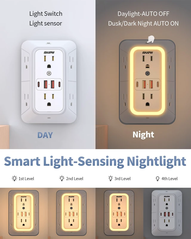 Alt view image 2 of 7 - Outlet Extender, Surge Protector, 3-Sided Night Light Power Strip,ETL 6 AC Outlets, 4 USB (2 USB-C), Dusk to Dawn Sensor, Wide Spaced Multi Plug Outlet, 1050J, 1875W, for Home Office Dorm, White