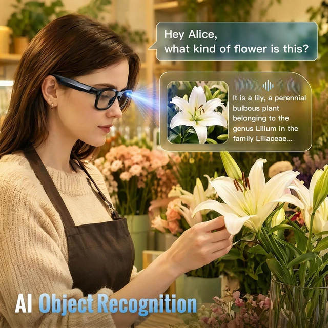 Alt view image 6 of 7 - AI Smart Glasses with 8MP Camera, Real-Time Translation, AI Assistant Object Recognition, Open-Ear Speakers, Bluetooth Calling, 3 Swap Lenses for Any Light
