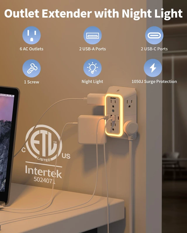 Alt view image 3 of 7 - Outlet Extender, Surge Protector, 3-Sided Night Light Power Strip,ETL 6 AC Outlets, 4 USB (2 USB-C), Dusk to Dawn Sensor, Wide Spaced Multi Plug Outlet, 1050J, 1875W, for Home Office Dorm, White