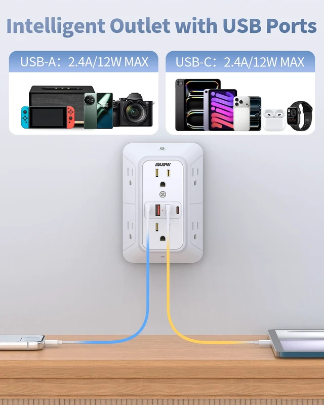 Alt view image 4 of 7 - Outlet Extender, Surge Protector, 3-Sided Night Light Power Strip,ETL 6 AC Outlets, 4 USB (2 USB-C), Dusk to Dawn Sensor, Wide Spaced Multi Plug Outlet, 1050J, 1875W, for Home Office Dorm, White