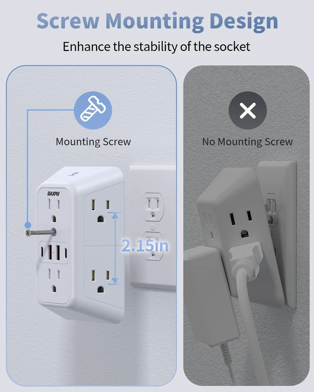Alt view image 5 of 7 - Outlet Extender, Surge Protector, 3-Sided Night Light Power Strip,ETL 6 AC Outlets, 4 USB (2 USB-C), Dusk to Dawn Sensor, Wide Spaced Multi Plug Outlet, 1050J, 1875W, for Home Office Dorm, White