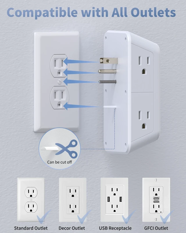Alt view image 6 of 7 - Outlet Extender, Surge Protector, 3-Sided Night Light Power Strip,ETL 6 AC Outlets, 4 USB (2 USB-C), Dusk to Dawn Sensor, Wide Spaced Multi Plug Outlet, 1050J, 1875W, for Home Office Dorm, White