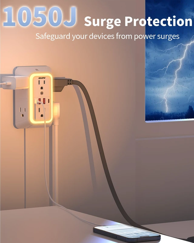 Alt view image 7 of 7 - Outlet Extender, Surge Protector, 3-Sided Night Light Power Strip,ETL 6 AC Outlets, 4 USB (2 USB-C), Dusk to Dawn Sensor, Wide Spaced Multi Plug Outlet, 1050J, 1875W, for Home Office Dorm, White