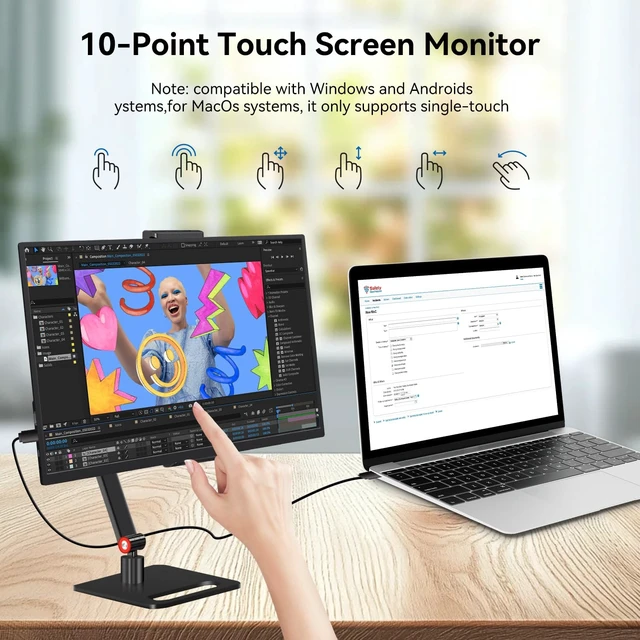 Alt view image 3 of 7 - 14 Inch Portable Touch Monitor, 1920×1200 External Touch Screen with Foldable Stand, Aluminum Alloy Housing & Built-in Speakers, USB-C and HDMI Travel Monitor for Laptops, PCs, Phones, Switch, and PS5