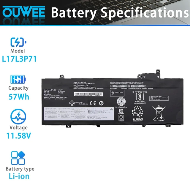Alt view image 2 of 5 - L17L3P71 L17M3P71 Laptop Battery Compatible with Lenovo ThinkPad T480S Series Notebook 01AV478 SB10K97620 01AV479 SB10K97621 L17M3P72 01AV480 SB10K97622 11.58V 57Wh 4920mAh