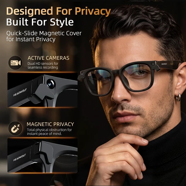 Alt view image 3 of 7 - AI Smart Glasses with 8MP Camera & Magnetic Privacy Cover Hands-Free Voice Assistant, Real-Time Translation, Visual Recognition, Open-Ear Audio for Work Travel Daily Life