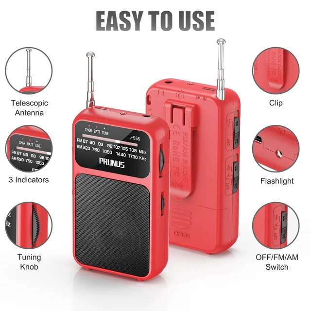 Alt view image 4 of 6 - J-555 Pocket Radio AM FM USB-C Charging& Battery Operated, Back Clip Excellent Reception & Clear Speaker and Headphone Jack, Flashlight, Transistor Radios, Portable Radios AM FM, Mini Radio