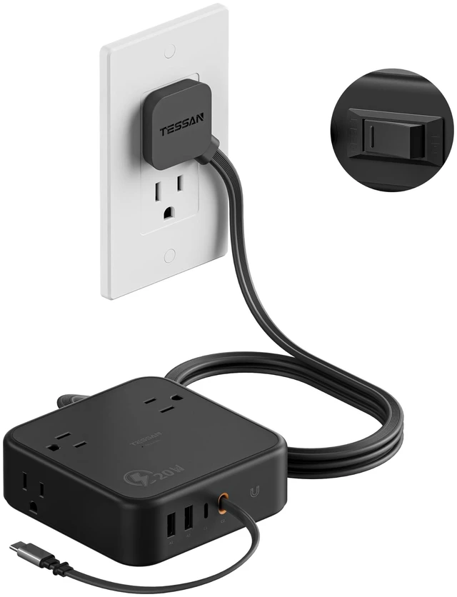 Main image of Surge Protector Extension Cord 5Ft, Flat Plug Power Strip 4 Outlets 4 USB Ports(1 USB C) 20W USB C Cable, USB Charger 1050 Joules Protection, Suitable for Home Office Dorm, Black