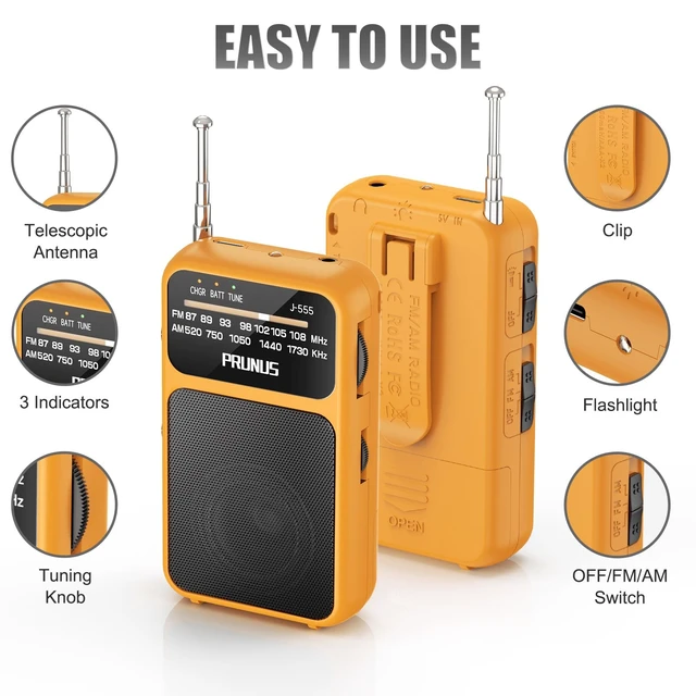 Alt view image 4 of 6 - J-555 Pocket Radio AM FM USB-C Charging& Battery Operated, Back Clip Excellent Reception & Clear Speaker and Headphone Jack, Flashlight, Transistor Radios, Portable Radios AM FM, Mini Radio