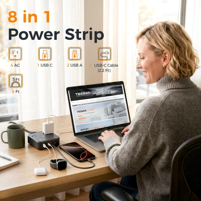 Alt view image 2 of 7 - Surge Protector Extension Cord 5Ft, Flat Plug Power Strip 4 Outlets 4 USB Ports(1 USB C) 20W USB C Cable, USB Charger 1050 Joules Protection, Suitable for Home Office Dorm, Black