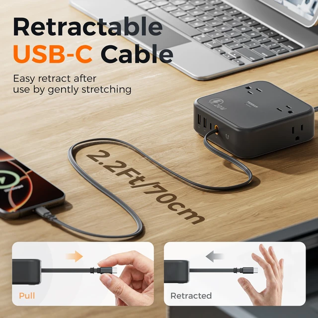 Alt view image 3 of 7 - Surge Protector Extension Cord 5Ft, Flat Plug Power Strip 4 Outlets 4 USB Ports(1 USB C) 20W USB C Cable, USB Charger 1050 Joules Protection, Suitable for Home Office Dorm, Black