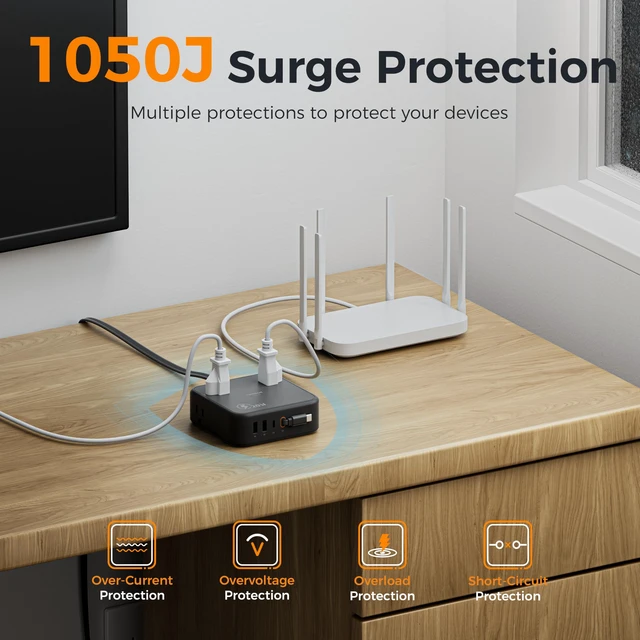 Alt view image 5 of 7 - Surge Protector Extension Cord 5Ft, Flat Plug Power Strip 4 Outlets 4 USB Ports(1 USB C) 20W USB C Cable, USB Charger 1050 Joules Protection, Suitable for Home Office Dorm, Black