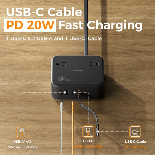 Alt view image 4 of 7 - Surge Protector Extension Cord 5Ft, Flat Plug Power Strip 4 Outlets 4 USB Ports(1 USB C) 20W USB C Cable, USB Charger 1050 Joules Protection, Suitable for Home Office Dorm, Black