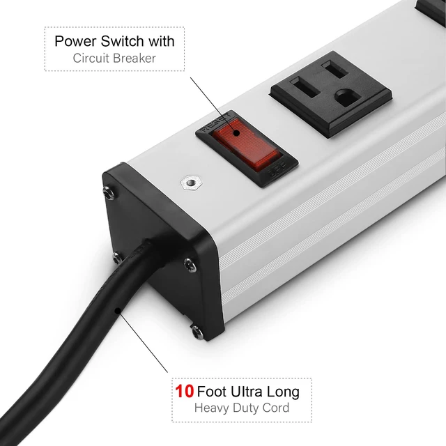 Alt view image 3 of 7 - Long Heavy Duty Metal Power Strip, 16 Outlet Large Industrial Multi Wide Strip for Garage Workshop, Extension Cord with Multiple Outlets, 15A, 125V, 1875W. 10 FT, Sliver