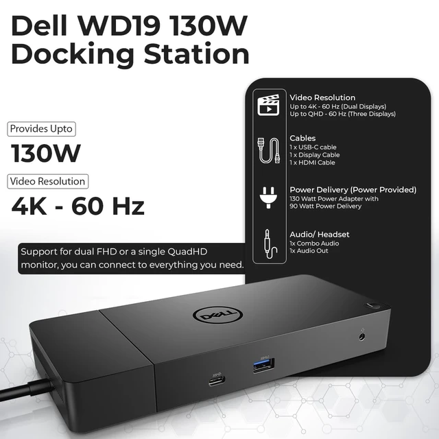 Alt view image 3 of 7 - Dell WD19 130W USB-C Docking Station - Dell Docking Station Dual Monitor Bundle with 130W Power Adapter + HDMI, DisplayPort, USB-C Cables + Microfiber Cloth