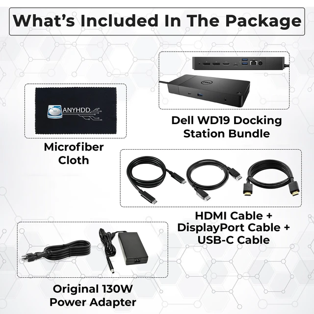 Alt view image 2 of 7 - Dell WD19 130W USB-C Docking Station - Dell Docking Station Dual Monitor Bundle with 130W Power Adapter + HDMI, DisplayPort, USB-C Cables + Microfiber Cloth