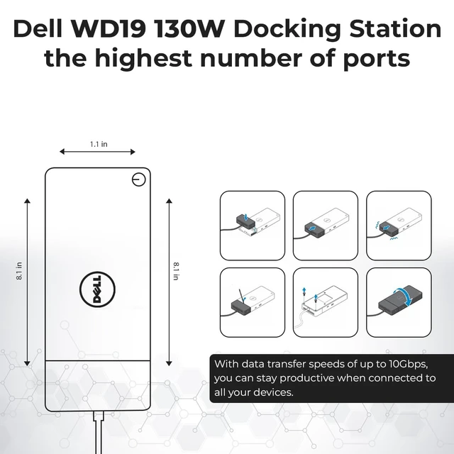 Alt view image 5 of 7 - Dell WD19 130W USB-C Docking Station - Dell Docking Station Dual Monitor Bundle with 130W Power Adapter + HDMI, DisplayPort, USB-C Cables + Microfiber Cloth