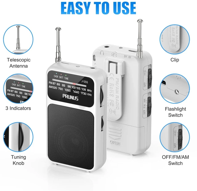 Alt view image 4 of 6 - J-555 Pocket Radio AM FM USB-C Charging& Battery Operated, Back Clip Excellent Reception & Clear Speaker and Headphone Jack, Flashlight, Transistor Radios, Portable Radios AM FM, Mini Radio