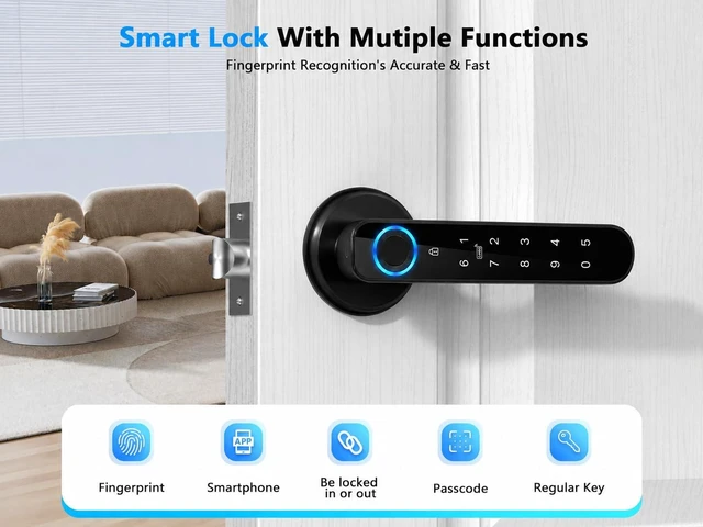 Alt view image 2 of 6 - Fingerprint Door Lock with Keypad & App Control, Matte Black Keyless Entry Smart Door Lever Handle with Auto Lock for Bedroom, Home Office & Apartment