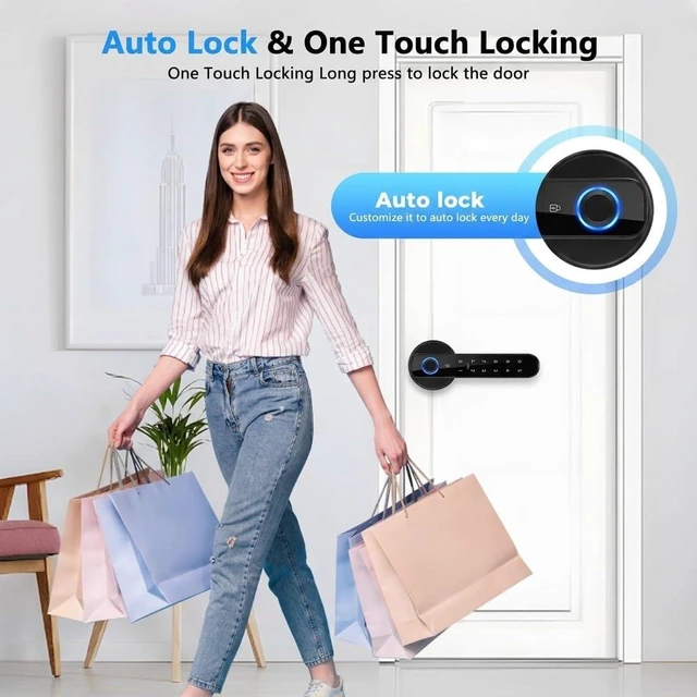 Alt view image 5 of 6 - Fingerprint Door Lock with Keypad & App Control, Matte Black Keyless Entry Smart Door Lever Handle with Auto Lock for Bedroom, Home Office & Apartment