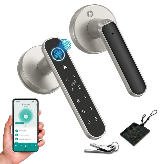 Main image of Fingerprint Door Lock with Keypad & App Control,Silver Keyless Entry Smart Door Lever Handle with Auto Lock for Bedroom, Home Office & Apartment