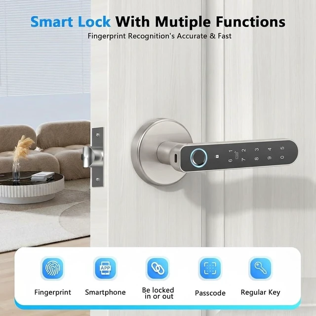 Alt view image 2 of 6 - Fingerprint Door Lock with Keypad & App Control,Silver Keyless Entry Smart Door Lever Handle with Auto Lock for Bedroom, Home Office & Apartment