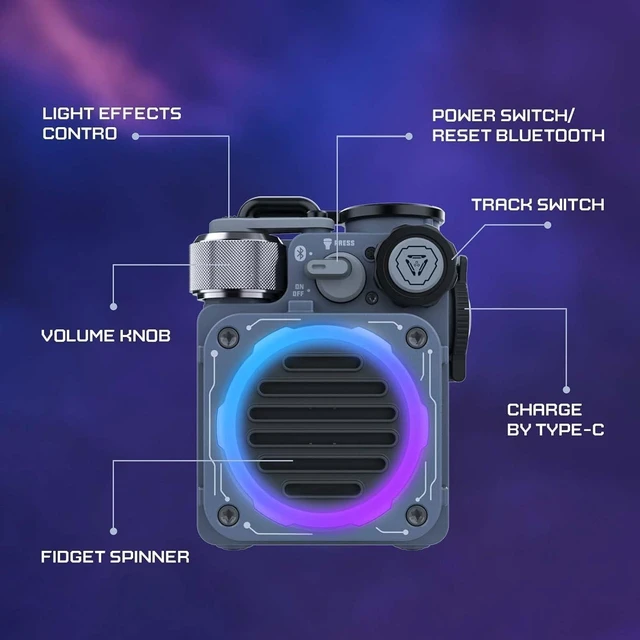 Alt view image 3 of 7 - Cyber Cube Bluetooth Speaker, Bluetooth 5.0, Portable Speaker with Fidget Spinner, Crystal Clear Sound with RGB LED Light Wireless Speaker, Waterproof Speakers for Indoor Outdoor