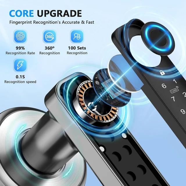 Alt view image 4 of 6 - Fingerprint Door Lock with Keypad & App Control,Silver Keyless Entry Smart Door Lever Handle with Auto Lock for Bedroom, Home Office & Apartment
