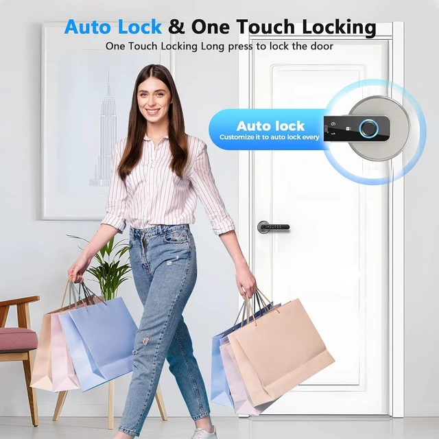 Alt view image 5 of 6 - Fingerprint Door Lock with Keypad & App Control,Silver Keyless Entry Smart Door Lever Handle with Auto Lock for Bedroom, Home Office & Apartment