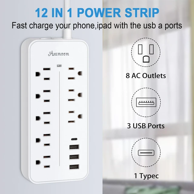 Alt view image 6 of 7 - 15FT Surge Protector Power Strip Extension Cord with USB C, Flat Plug Power Strip with Long Cord,8 Outlets and 4 USB Port,1700J Wall Mount Desk Multiple Outlets for Home Office White ETL Listed