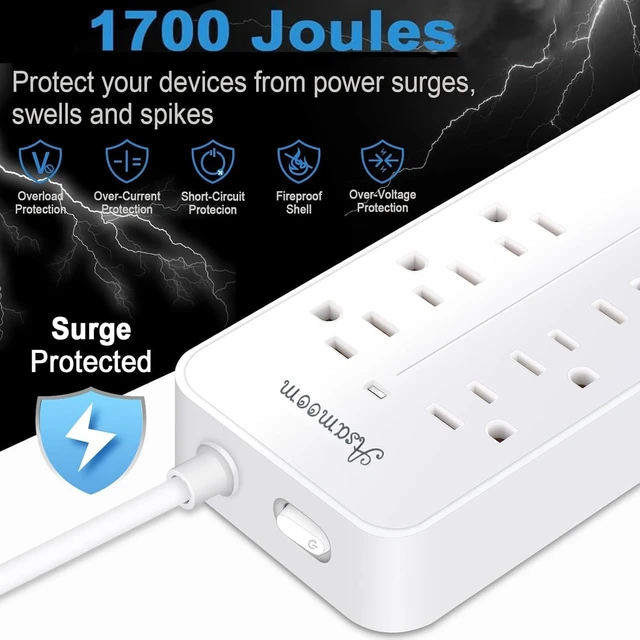Alt view image 7 of 7 - 20FT Power Strip Extension Cord with USB C, Flat Plug Power Strip with Long Cord, 8 Outlets and 3 USB-A & 1 USB-C Port,1700J for Wall Mount Desk White, ETL Listed