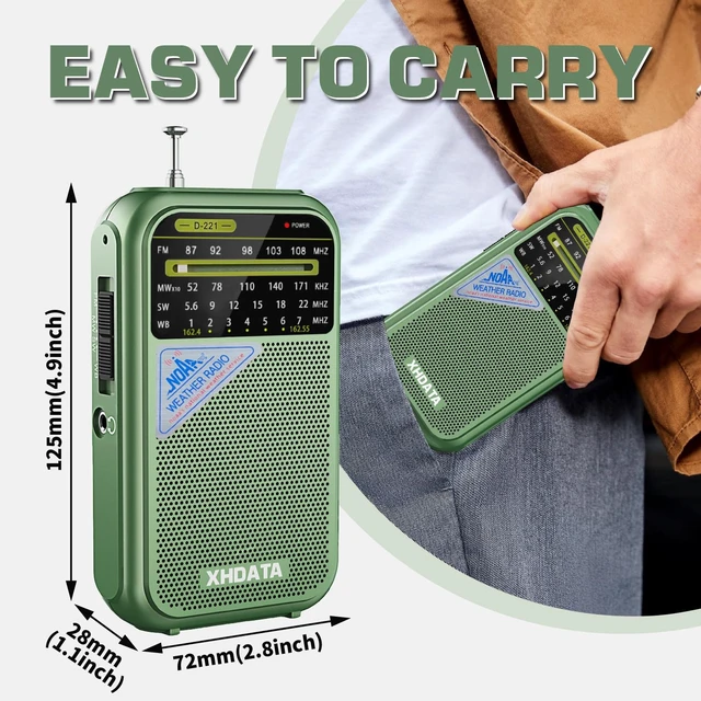 Alt view image 3 of 6 - D221 NOAA Weather Radio Portable AM FM Shortwave Radio Receiver 2AA Battery Operated, Transistor Radio with Excellent Reception for Emergency, Hurricane, Gift, Walking and Home (Green)