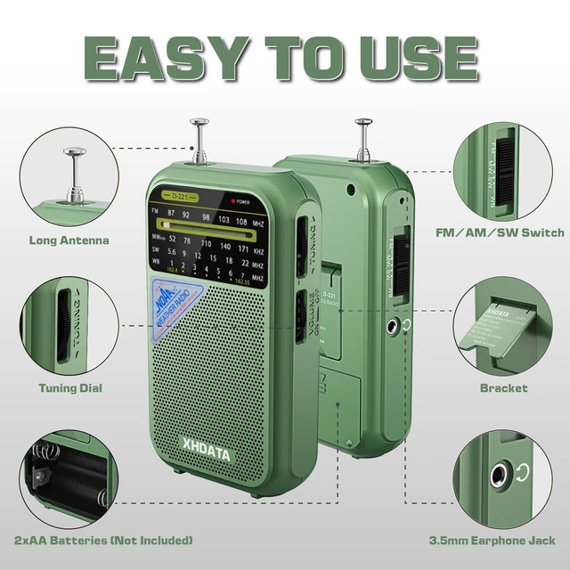 Alt view image 5 of 6 - D221 NOAA Weather Radio Portable AM FM Shortwave Radio Receiver 2AA Battery Operated, Transistor Radio with Excellent Reception for Emergency, Hurricane, Gift, Walking and Home (Green)