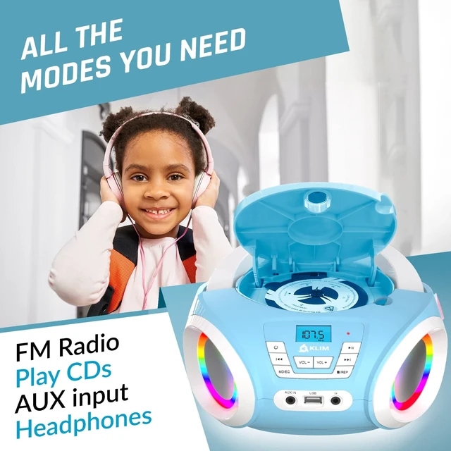 Alt view image 3 of 6 - Candy Boombox CD Player for Kids, FM Radio, Battery Operated Colorful Disco Lights, Great Gift for Listening to Music and Audiobooks - Blue