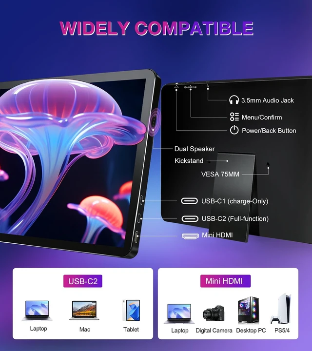 Alt view image 2 of 7 - 11 inch 2.5K 2560x1600 139% sRGB 1500:1 Portable Touchscreen USB-C HDMI Monitor 400nits for PC, Screen Extender IPS Small HDR Touch Screen Monitor, Mini CNC Display for Laptop PC Xbox PS4/5