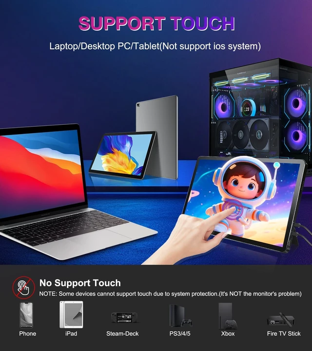 Alt view image 5 of 7 - 11 inch 2.5K 2560x1600 139% sRGB 1500:1 Portable Touchscreen USB-C HDMI Monitor 400nits for PC, Screen Extender IPS Small HDR Touch Screen Monitor, Mini CNC Display for Laptop PC Xbox PS4/5