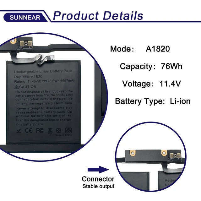 Alt view image 2 of 6 - A1820 Laptop Battery for MacBook Pro 15-Inch (Late 2016) & (Mid 2017) Model A1707 with Touch bar MLH32LL/A MLH42LL/A MLH52LL/A MLW72LL/A Series A1820 A1707 A1707(EMC 3072) 76Wh