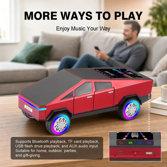 Alt view image 7 of 7 - WS-580L Cyberpunk Truck Bluetooth Speaker with RGB Wheels (Red) Cyberpunk Truck Design, Display Screen & RGB Wheels, TWS Stereo & FM Radio, USB/TF Playback, Built-In Mic