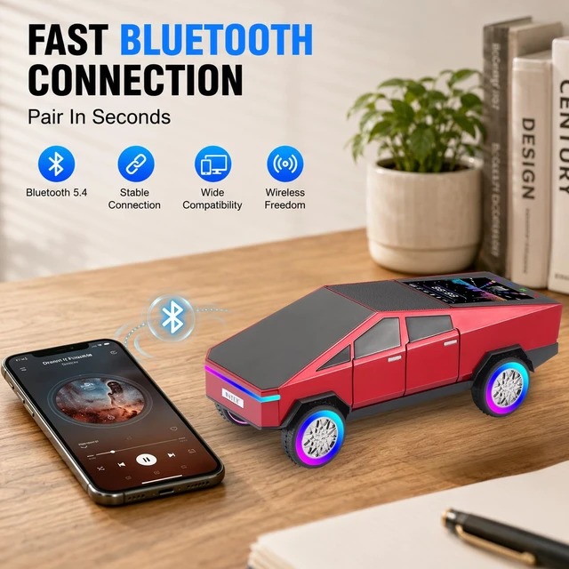 Alt view image 3 of 7 - WS-580L Cyberpunk Truck Bluetooth Speaker with RGB Wheels (Red) Cyberpunk Truck Design, Display Screen & RGB Wheels, TWS Stereo & FM Radio, USB/TF Playback, Built-In Mic