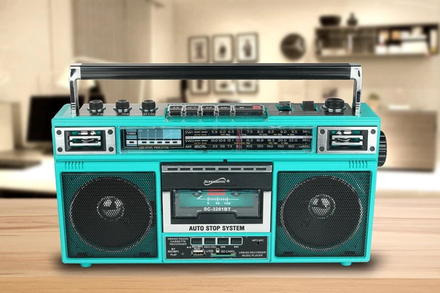Alt view image 2 of 4 - SC-3201BT 4 Band Radio & Cassette Player Boombox, Bluetooth Speaker, AM/FM/SW Radio with MP3 Playback, USB & SD Card, 3 Band EQ and Earphone Jack. (Teal)