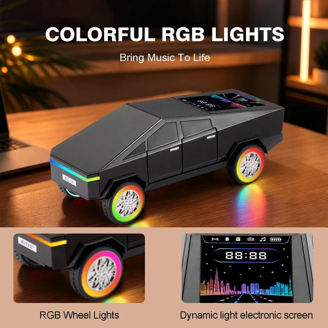 Alt view image 6 of 7 - WS-580L Cyberpunk Truck Bluetooth Speaker with RGB Wheels (Black) Cyberpunk Truck Design, Display Screen & RGB Wheels, TWS Stereo & FM Radio, USB/TF Playback, Built-In Mic