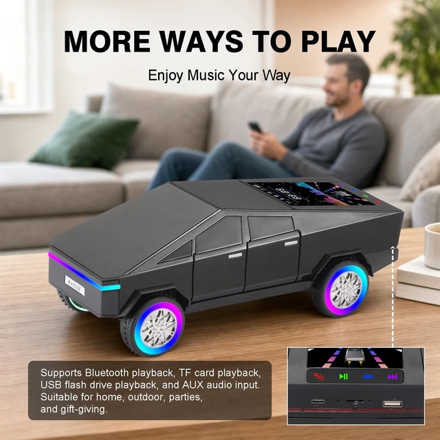Alt view image 7 of 7 - WS-580L Cyberpunk Truck Bluetooth Speaker with RGB Wheels (Black) Cyberpunk Truck Design, Display Screen & RGB Wheels, TWS Stereo & FM Radio, USB/TF Playback, Built-In Mic