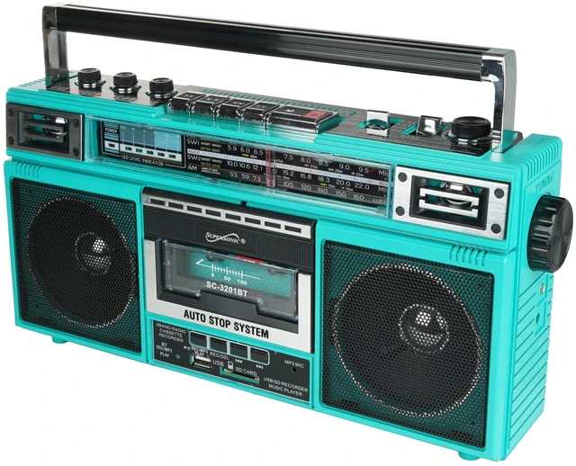 Main image of SC-3201BT 4 Band Radio & Cassette Player Boombox, Bluetooth Speaker, AM/FM/SW Radio with MP3 Playback, USB & SD Card, 3 Band EQ and Earphone Jack. (Teal)