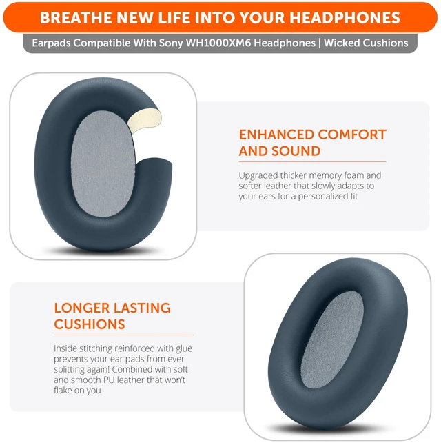 Alt view image 4 of 7 - PadZ XM6 - Premium Replacement Earpads for Sony WH-1000XM6 Made by Wicked Cushions Enhanced Comfort, Durable PU Leather & Sound Isolation Midnight Blue