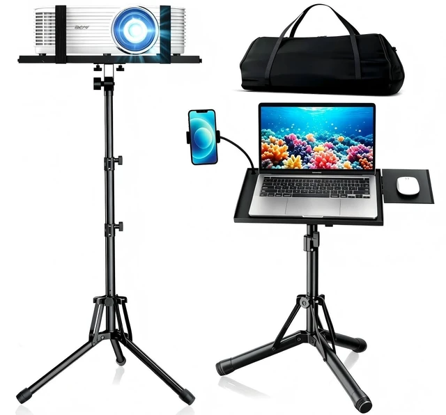 Main image of Projector Stand Tripod, Foldable Laptop Tripod with Adjustable Height Includes Phone Holder, Mouse Tray & Carry Bag, 180° Tilt Tray for Home, Office, DJ, Studio & Outdoor Movies