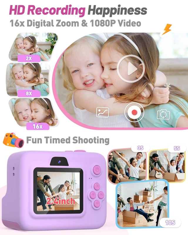 Alt view image 3 of 6 - Kids Instant Print Camera,Dual-Lens Selfie Camera for Kids, Purple Christmas Birthday Gifts Toys for 3-12 Year Old Girls, 2.4in Screen 1080P Kid Digital Camera,Girls Camera Toy for 3-12
